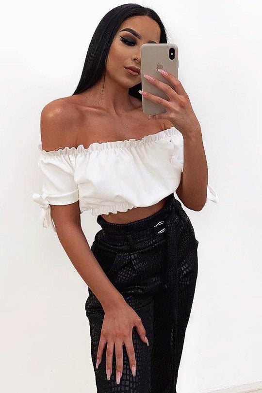 White Ruched Bardot Gypsy Crop Top - Janette