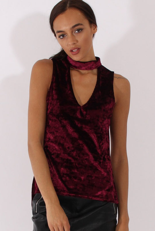 Wine Crushed Velvet Cut Out High Neck Top - Morgan