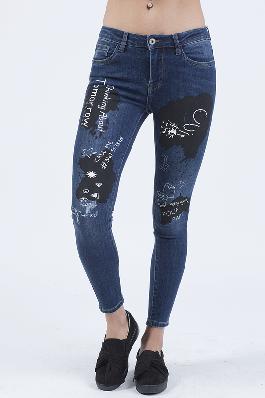 Indigo Mid Rise Slogan Studded Jeans - Kayleigh