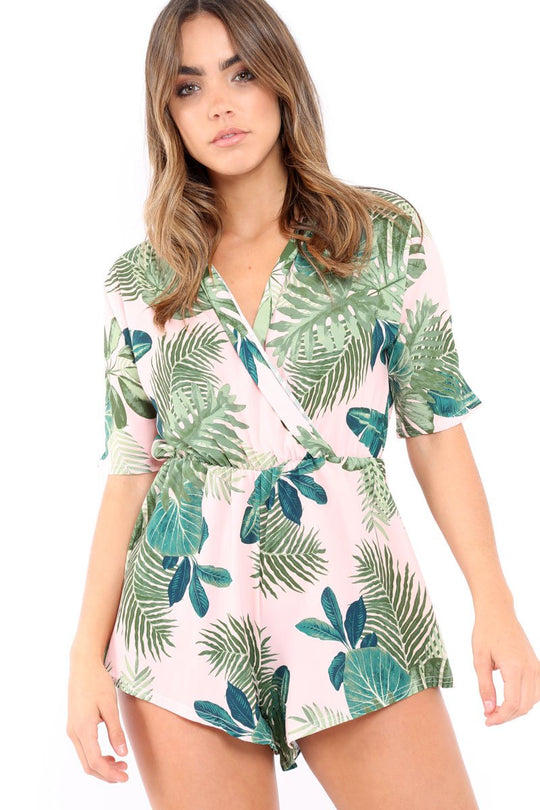 Pink Wrap Palm Leaf Playsuit - Orlena