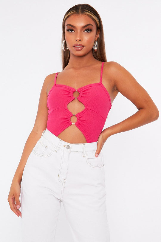 Pink Front Ring Cut Out Ribbed Bodysuit - Ruba
