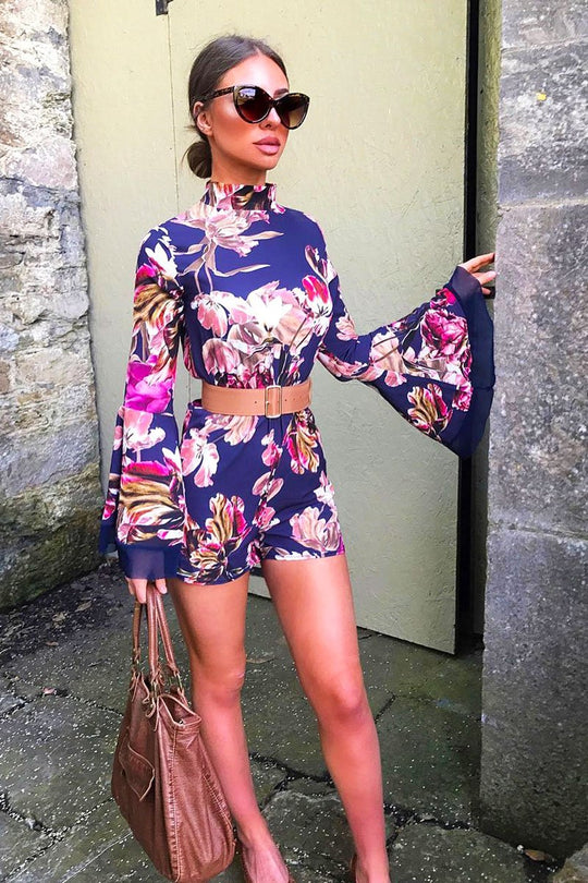 Navy Floral Print Open Back Playsuit - Cassia