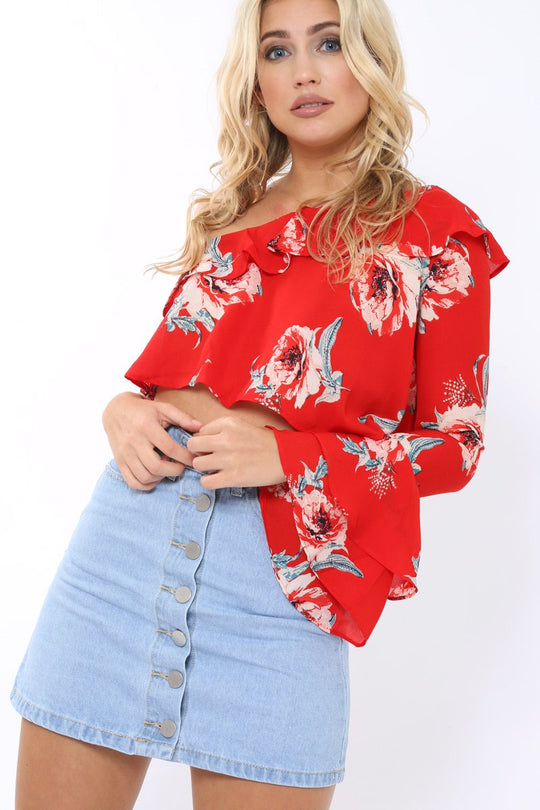 Red Floral One Sleeved Crop Top - Beatrice
