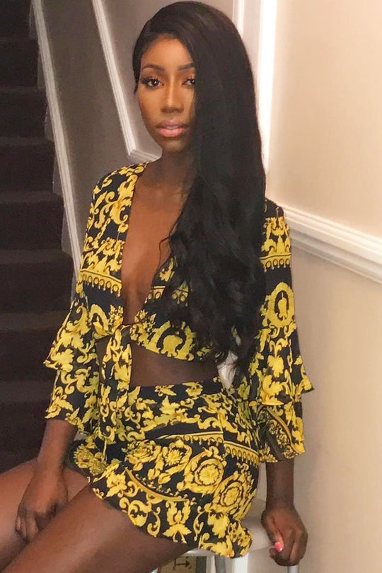 Black and Gold Scarf Print Crop Top and Shorts Co-ord - Rhonda