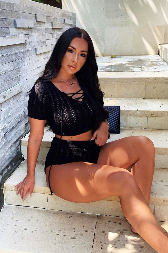 Black Crochet Knit Top Shorts Co-ord - Aarini