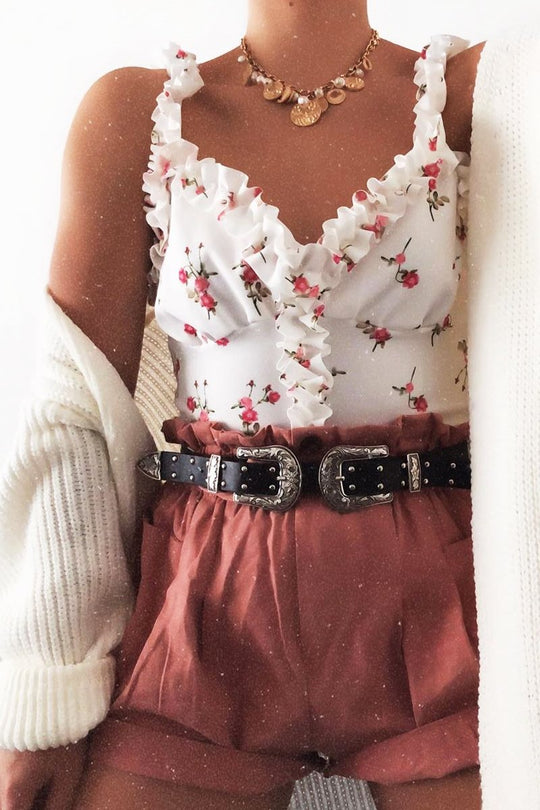 White Floral Print Frill Detail Crop Top - Bellagrace