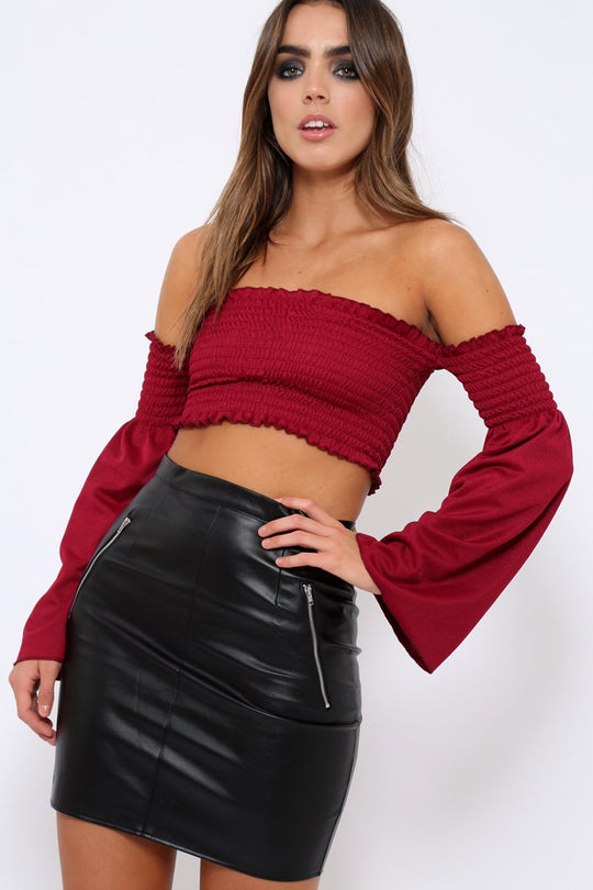 Wine Bardot Shirred Crop Top with Flared Sleeves - Shera