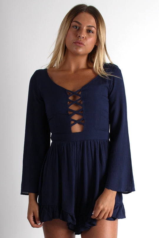Sissy Navy Tie Front Frill Bottom Playsuit