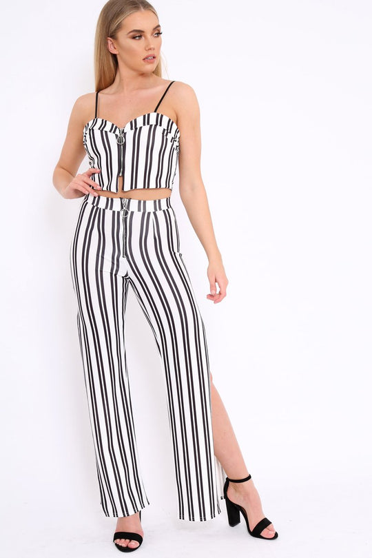 White with Black Stripe Cami Crop Top and Trouser Set - Surie