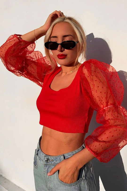 Red Polka Dot Organza Sleeve Crop Top - Bianca