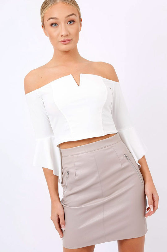 white Frill Sleeve Bardot Crop Top - Kali