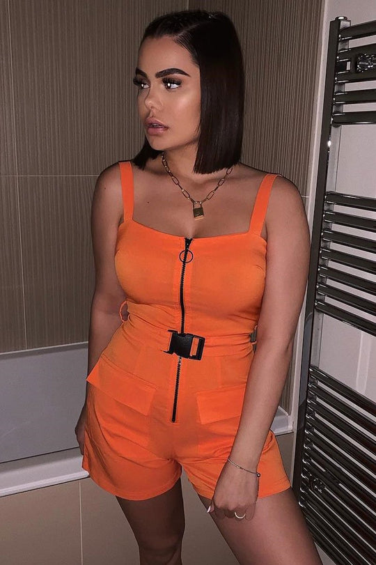 Orange Plunge Belted Waist Sleeveless Playsuit - Kerstyn