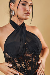 Black Lace Corset Detail Cropped Top - Faith