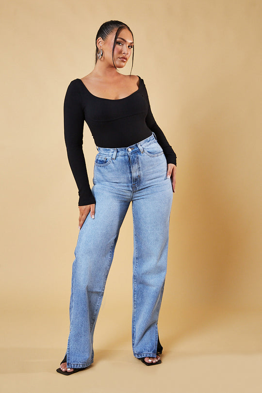 Black Rib Knit Long Sleeve Bodysuit - Vari