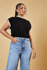 Black Knitted Contrast Edge Cropped Top - Bethany