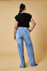 Black Knitted Contrast Edge Cropped Top - Bethany