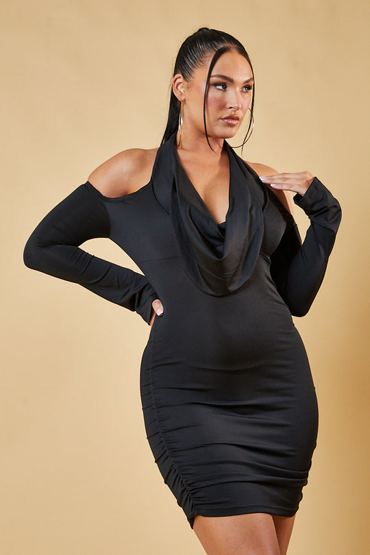 Black Cowl Neck Off Shoulder Mini Dress - Elsie