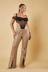 Beige Faux Leather Slit Front Pants - Madeline