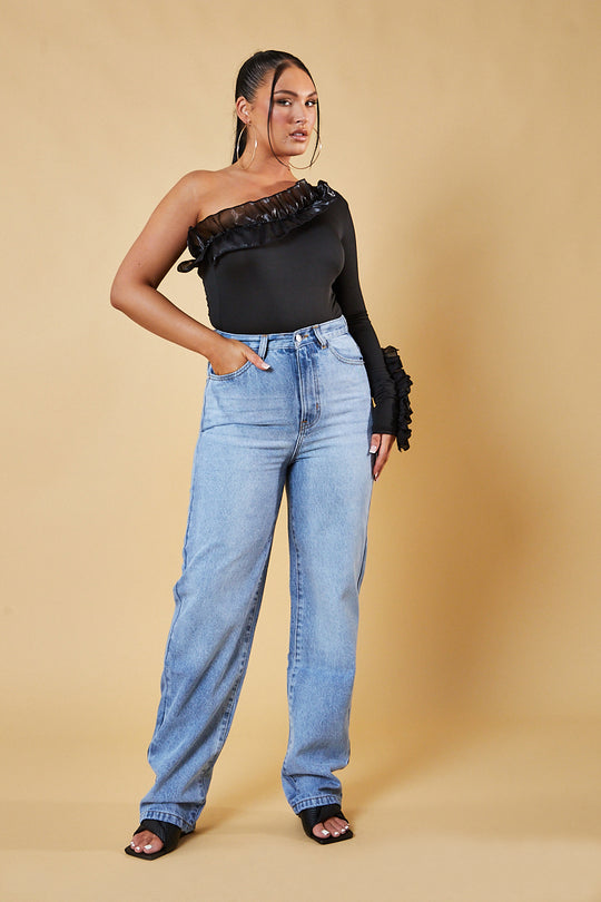 Black One Sleeve Frill Detail Bodysuit - Nora