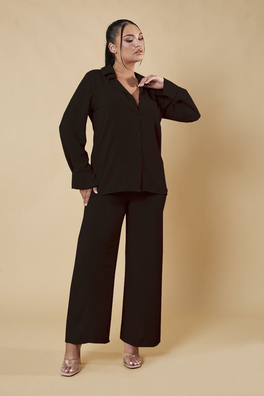 Black Button Up Front Skirt & Wide Leg Trouser Matching Set - Alicia