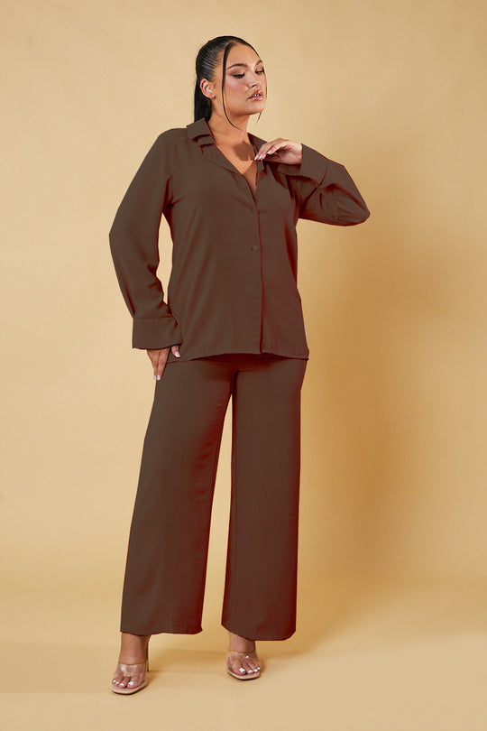 Brown Button Up Front Skirt & Wide Leg Trouser Matching Set - Alicia