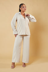 Beige Button Up Front Shirt & Wide Leg Trouser Matching Set - Alicia