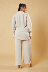 Beige Button Up Front Shirt & Wide Leg Trouser Matching Set - Alicia