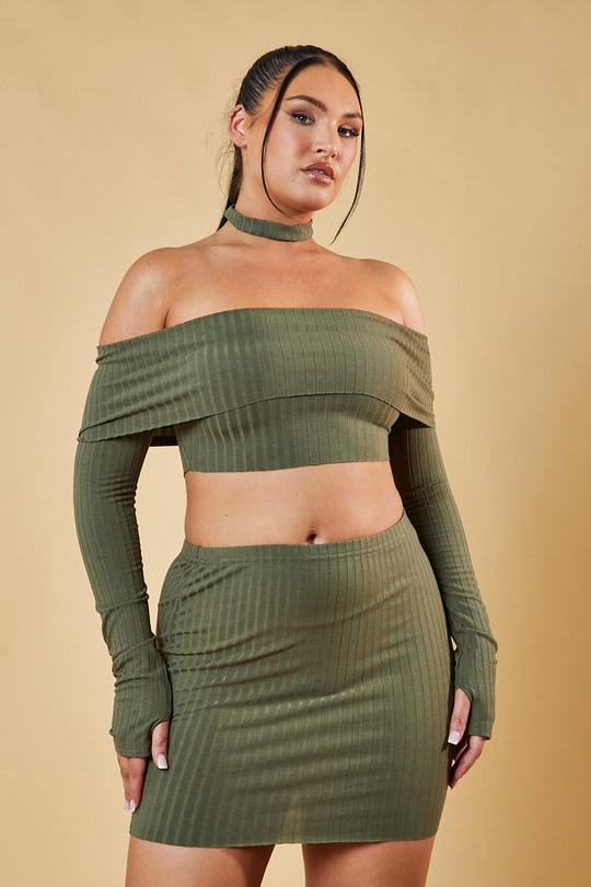 Khaki Bardot Choker Neck Cropped Top & Mini Skirt Matching Set - Carla