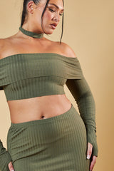 Khaki Bardot Choker Neck Cropped Top & Mini Skirt Matching Set - Carla