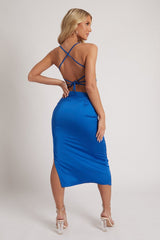 Blue Satin Cowl Neck Midi Bodycon Dress - Liliana-Dresses