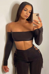 Chocolate Slinky Bardot Crop Top & Lace Up Trouser Set - Shay