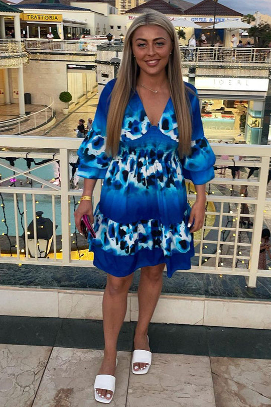 Blue Leopard Print Frill Detail Flared Dress - Junko