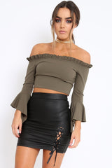 Khaki Bardot Frill Crop Top with Flared Sleeves - Tiffy