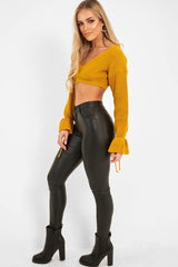 Mustard Plunge Sleeve Detail Crop Jumper - Ivree-Crop Jumper