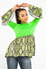 Neon Green Lime Snake Print Flare Sleeve Peplum Top - Dhara-Tops