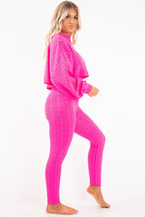 Neon Pink Cable Knit Batwing Jumper Loungwear Set - Janea