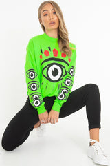 Neon Green Eye Print Crew Neck Sweatshirt - Lynden
