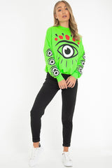 Neon Green Eye Print Crew Neck Sweatshirt - Lynden