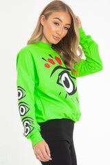 Neon Green Eye Print Crew Neck Sweatshirt - Lynden