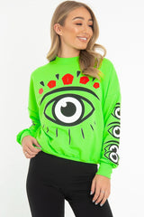 Neon Green Eye Print Crew Neck Sweatshirt - Lynden