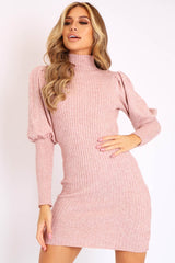 Blush High Neck Balloon Sleeve Knitted Dress - Ginna