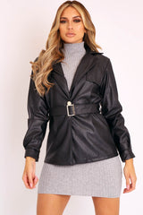Black Faux Leather Belted Blazer Jacket - Lissa