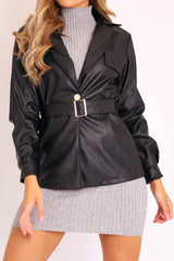 Black Faux Leather Belted Blazer Jacket - Lissa