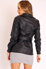 Black Faux Leather Belted Blazer Jacket - Lissa