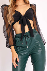 Black Bow Front Organza Sleeve Crop Top - Eddie