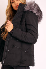 Black Fur Trim Adjustable Waist Puffer Coat - Rossie