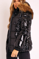 Black High Shine Fur Trim Puffer Coat - Stacia