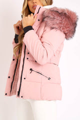 Light Pink Fur Trim Adjustable Waist Puffer Coat - Rossie