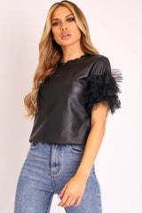 Black Faux Leather Organza Frill T-shirt - Maegan