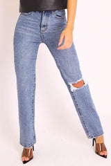 Blue Mid Wash Ripped Knee Straight Leg Jeans - Brilynn